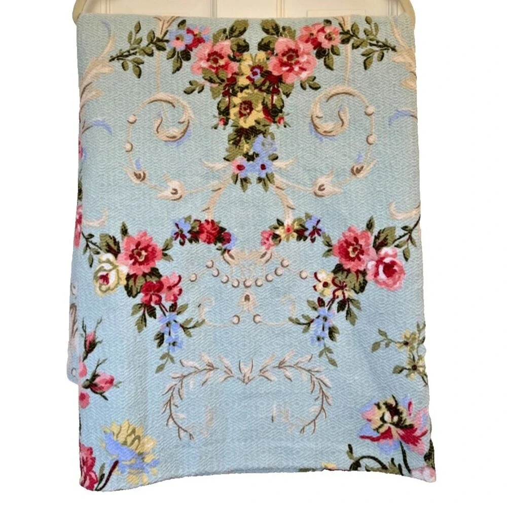 2 Vtg Floral Bedspreads Coverlets TWN Aqua Blue Pink Roses Shabby Cottagecore